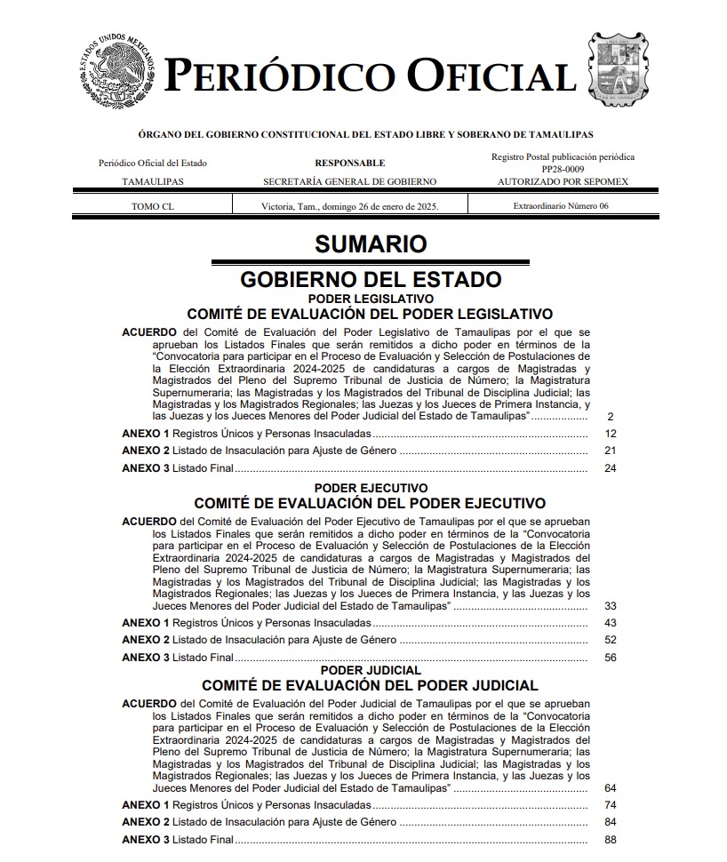 Tamaulipas, primero en publicar listas de las y los candidatos a integrar el Poder Judicial estatal